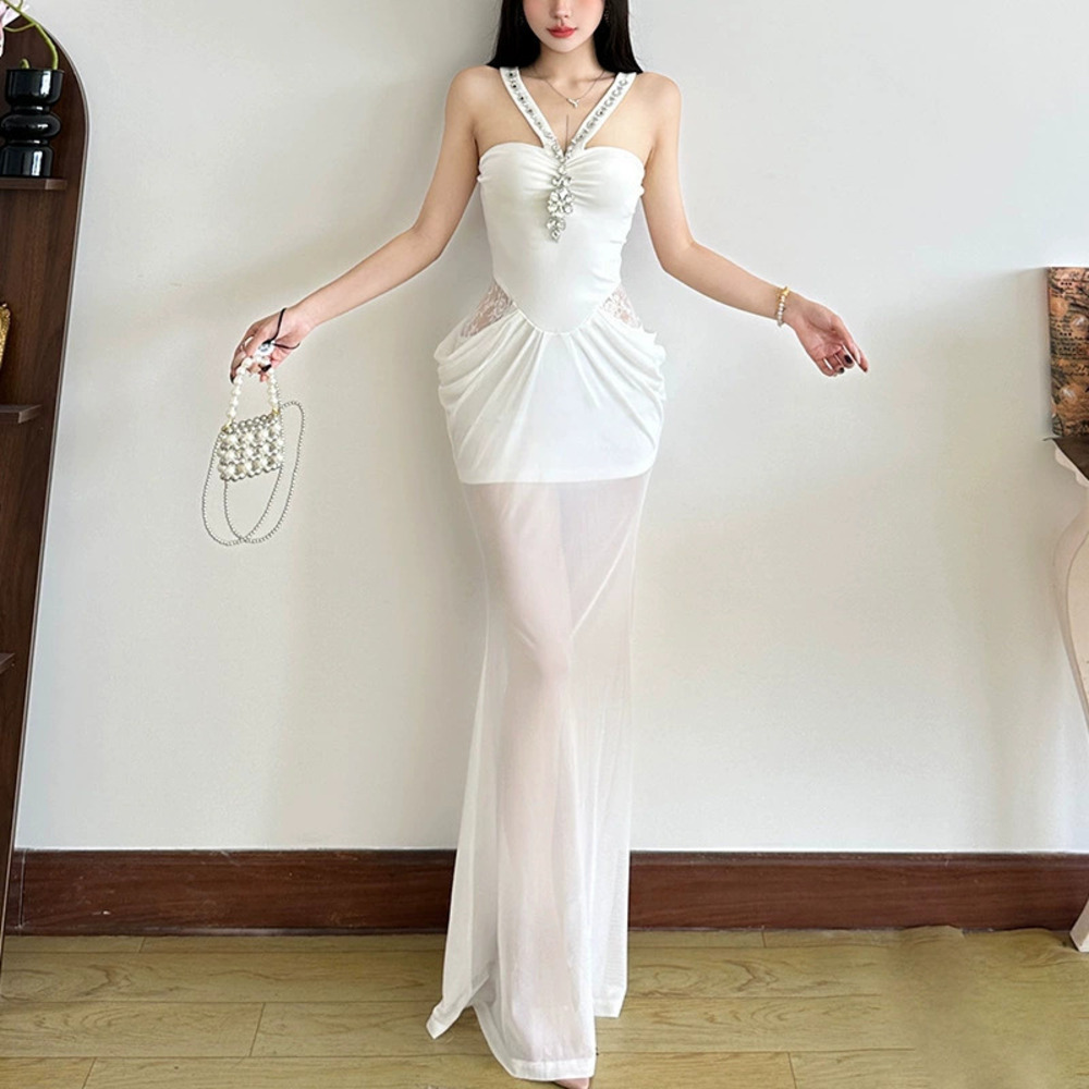 Zara Summer Waist Cinching Halter Rhinestone Mesh Bodycon Dress